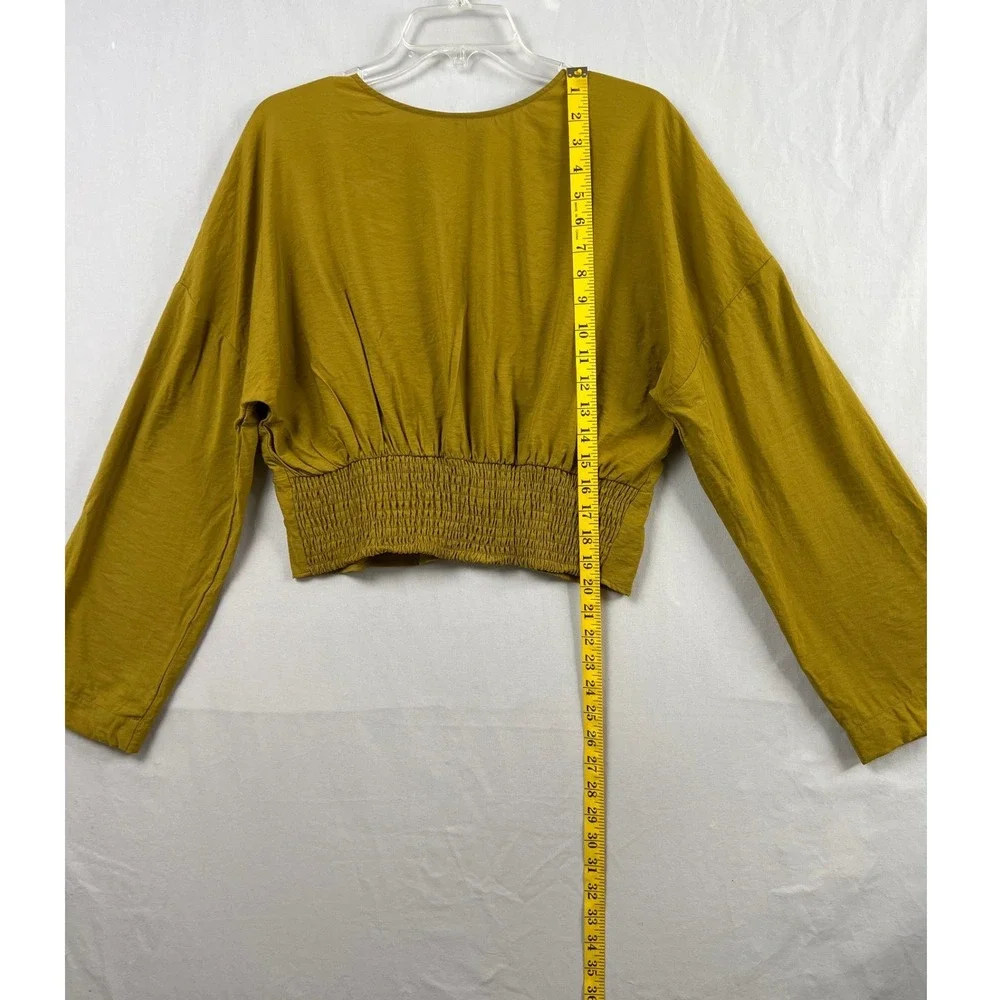 Free People Crop Top Women L Button Up Mustard Gold V-Neck Smocked Long Sleeve